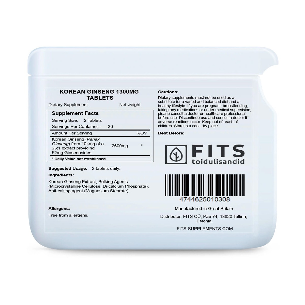 Nutricosmética - Suplementos al mejor precio: Fits Suplements Korean Panax Ginseng 1300 MG (60 capsulas - 30 dias) de FITS Supplements en Skin Thinks - Piel Seca