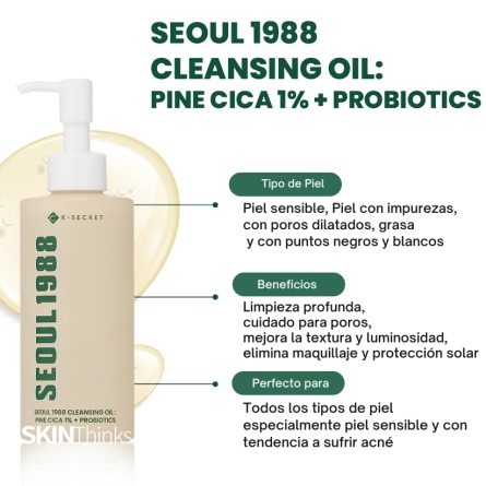 Aceites Limpiadores al mejor precio: Seoul 1988 Cleansing Oil: Pine Cica 1%+Probiotics de K-Secret en Skin Thinks - Piel Seca