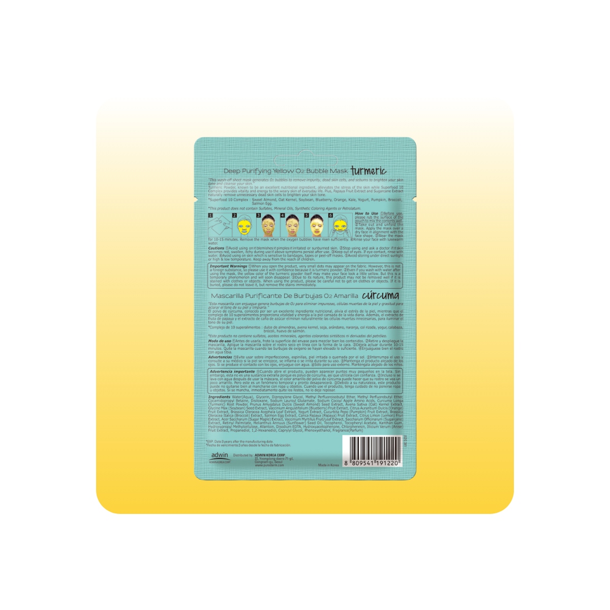 Mascarillas Coreanas de Hoja al mejor precio: Mascarilla de Burbujas con Cúrcuma PUREDERM Deep Purifying Yellow O2 Bubble Mask TURMERIC de Purederm en Skin Thinks - 