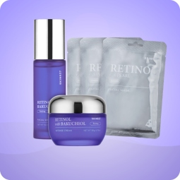Kit antiedad SKIN627 con retinol y bakuchiol mostrando serum, crema intensiva y mascarillas reafirmantes