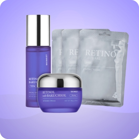 Kit antiedad SKIN627 con retinol y bakuchiol mostrando serum, crema intensiva y mascarillas reafirmantes