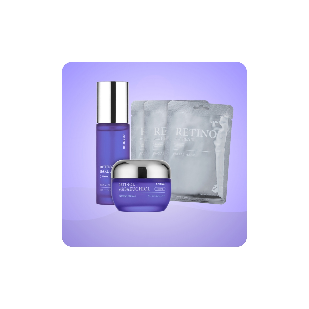 Kit antiedad SKIN627 con retinol y bakuchiol mostrando serum, crema intensiva y mascarillas reafirmantes