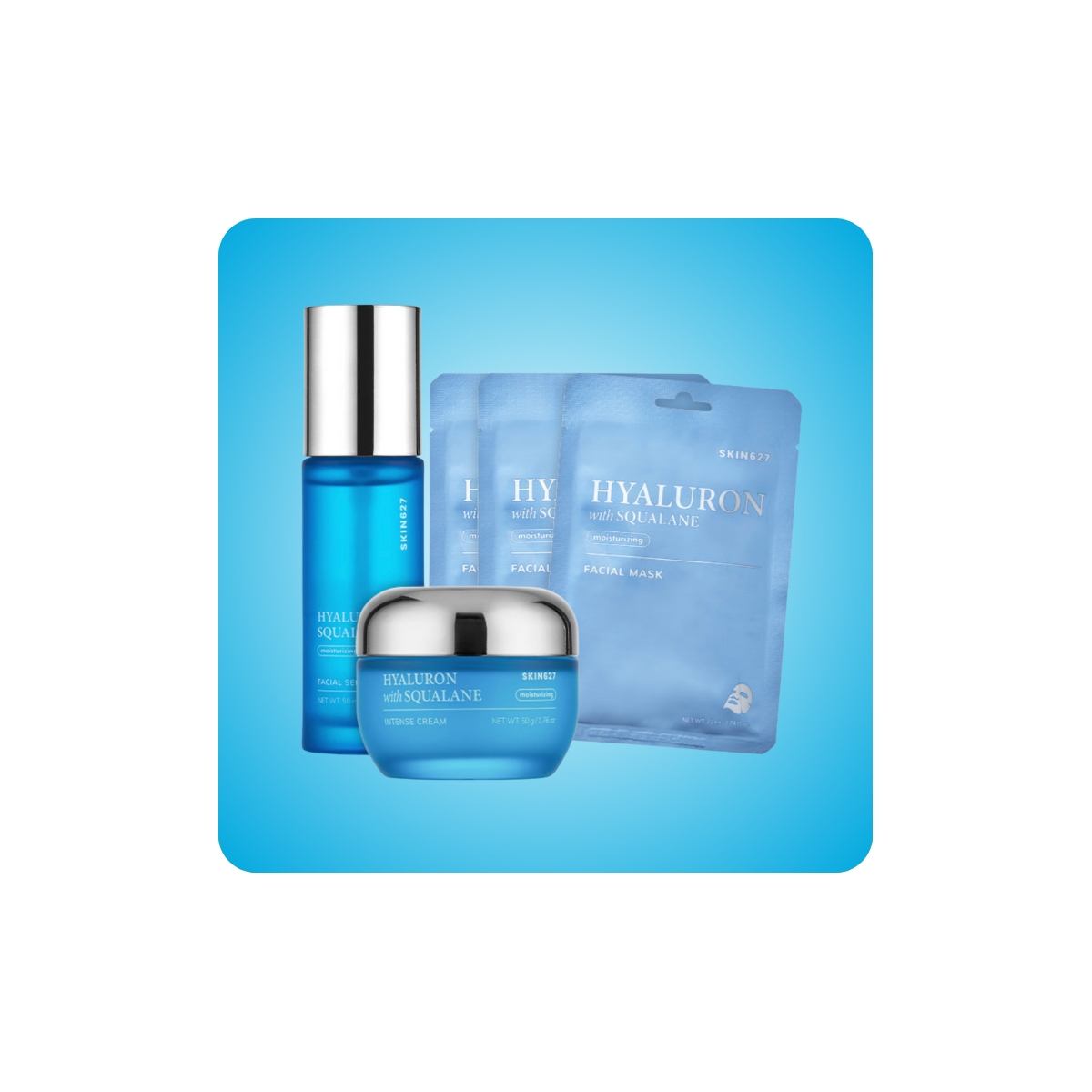 Kit hidratante SKIN627 con ácido hialurónico y escualano mostrando serum, crema nutritiva y mascarillas