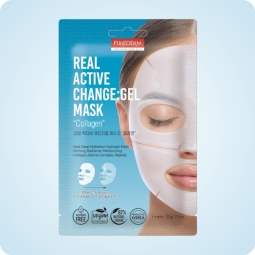 Mascarilla de hidrogel Purederm Real Active Change Gel Mask Collagen cambia de color de blanco a transparente sobre rostro