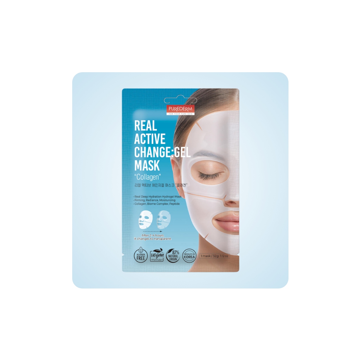 Mascarilla de hidrogel Purederm Real Active Change Gel Mask Collagen cambia de color de blanco a transparente sobre rostro