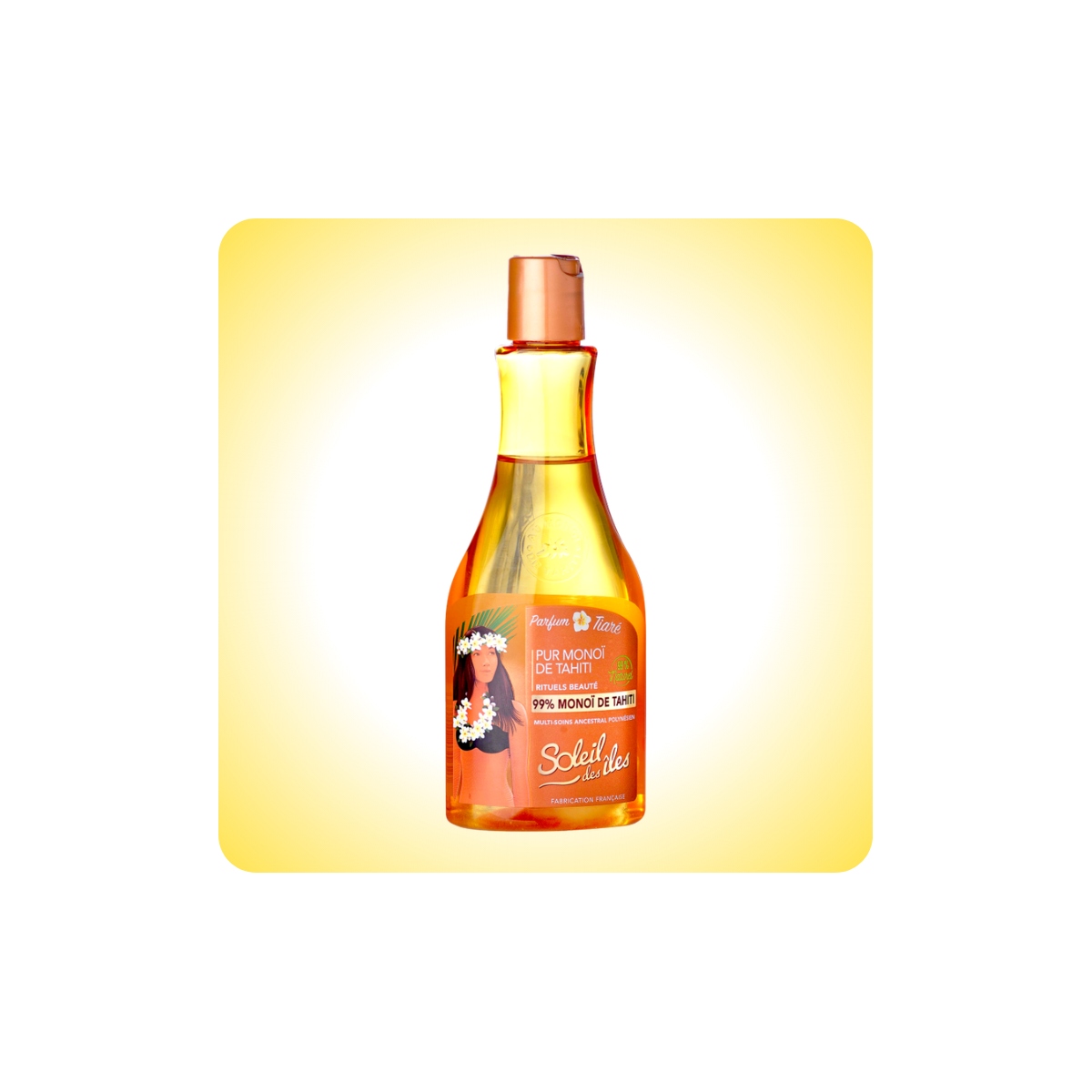 Aceite Puro Monoï de Tahiti Soleil des îles al 99% fragancia tiaré, apto para cuerpo y cabello