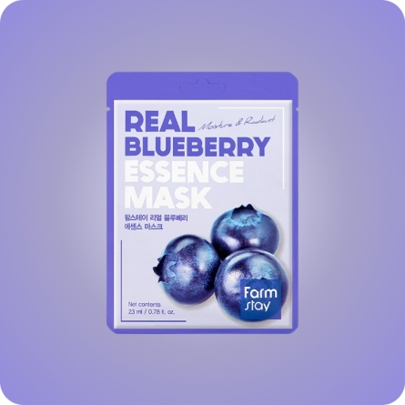 Mascarilla Farmstay Real Blueberry Essence Mask, con extracto de arándano y botánicos para hidratación antioxidante