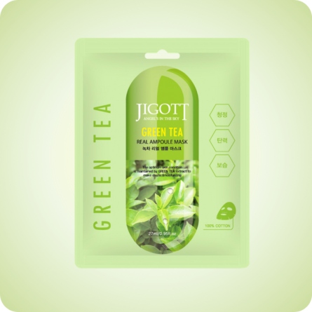 Jigott Green Tea Real Ampoule Face Mask,  mascarilla coreana antioxidante con extracto de té verde