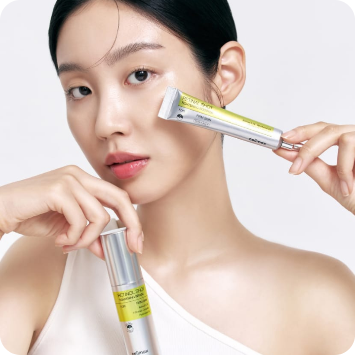 Comparación visual entre serum de retinol Celimax (30ml) y booster de retinal Celimax (15ml) con detalles de concentración y uso