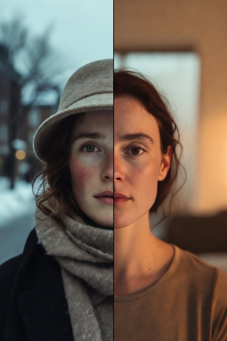 Mujer mostrando el contraste entre exterior frío invernal con gorro y bufanda y ambiente interior cálido sin abrigo, ilustrando el impacto del frío y la calefacción en la barrera cutánea