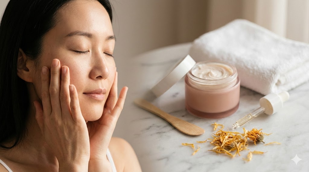 Primer plano de mujer con piel calmada aplicándose crema reparadora con ceramidas y centella para recuperar barrera cutánea dañada por el frío