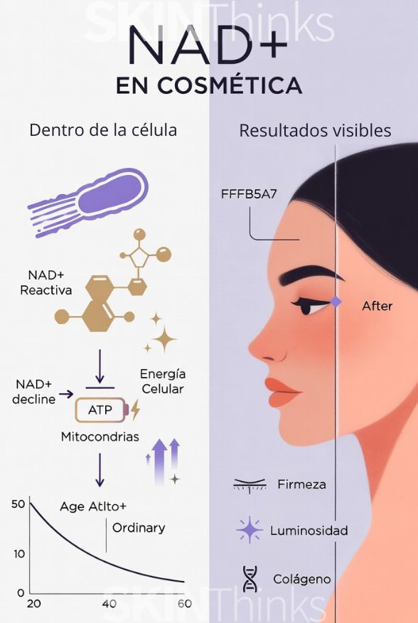 Infografía explicando cómo funciona NAD+ en cosmética: reactiva energía celular mitocondrial para síntesis de colágeno y firmeza facial visible