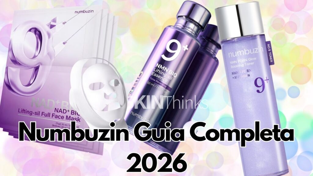 Productos Numbuzin No.9 sistema antiedad completo: tónico PDRN 150ml, esencia NAD+ 30ml y pack 4 mascarillas lifting con hilos PLA sobre fondo minimalista