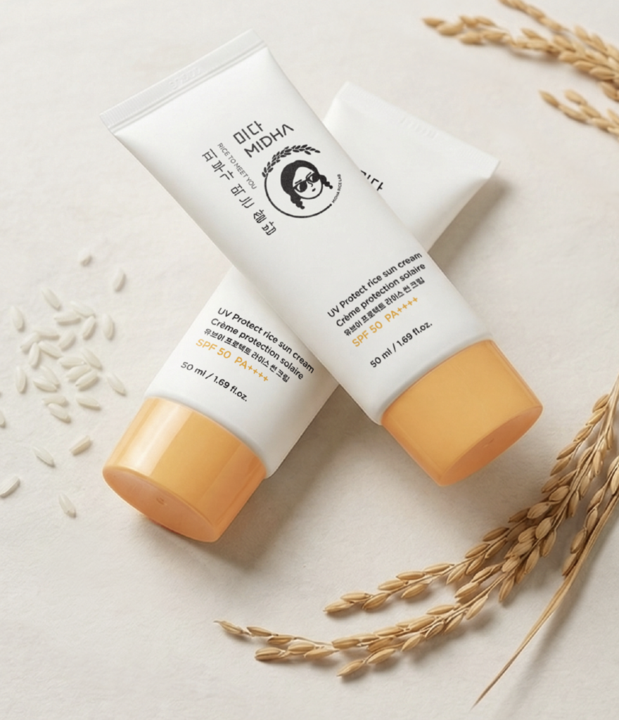 MIDHA UV Protect Rice Sun Cream SPF50+ PA++++ usa cuatro filtros orgánicos de última generación